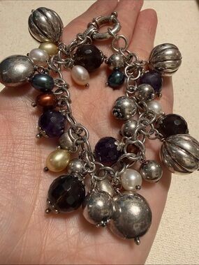 Stunning Sterling Silver 925 Multi-Gem Pearl Charm Bracelet 7’ inch